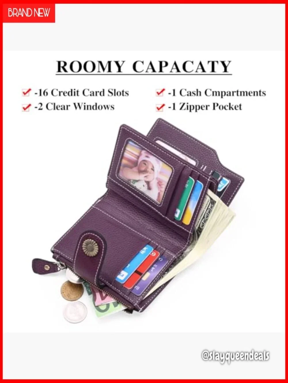 Leather Bifold RFID Blocking Compact Women's Wallet with 16 Card Slots